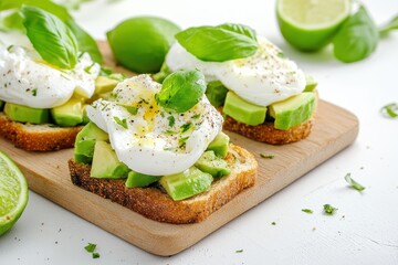 Poster - Vegetarian bruschetta with avocado lime and poached eggs on wood board