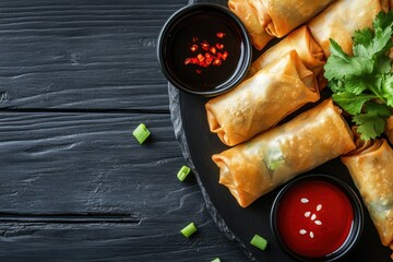 Canvas Print - Vegetable spring rolls and soy sauce on dark wood table