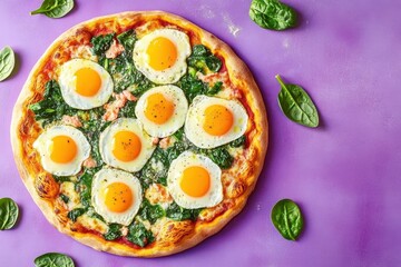 Vegetarian pizza with spinach eggs mozzarella on purple background Top view Florentine dish