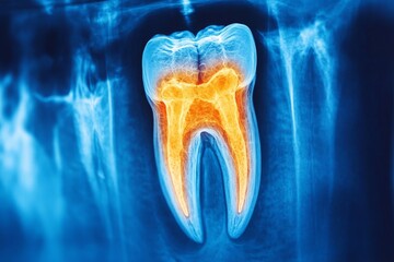 A digitally enhanced X-ray image displaying detailed anatomy of a human tooth with clearly visible root canals, highlighting internal tooth structure and dental health.