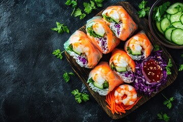 Canvas Print - Vegetarian Vietnamese spring rolls with seafood rice noodles Tasty dish Room for text