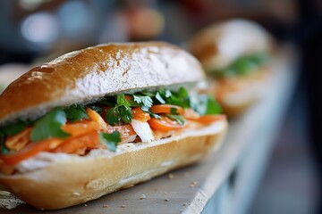 Wall Mural - Vietnamese Banh mi sandwich close up focus