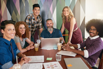 Wall Mural - Portrait, staff and meeting with laptop in cafe for project planning, ideas and feedback of collaboration. People, drinks and paperwork with communication, proposal agenda and teamwork at restaurant