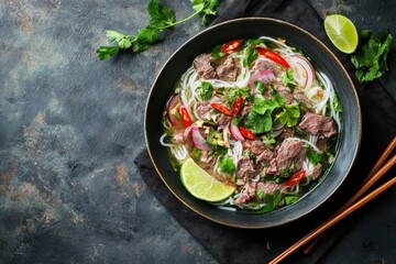 Poster - Vietnamese beef noodle soup with lime herbs and chilli on dark wooden table Vietnam s favorite dish