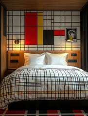 Poster - Modern Hotel Room with Geometric Bedding and Wall Decor