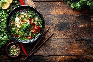 Canvas Print - Vietnamese Pho bo soup with herbs meat noodles and broth in bowl with chopsticks spoon Top view on wooden table