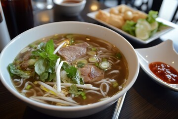 Canvas Print - Vietnamese pho soup with appetizers topped with sriracha sauce