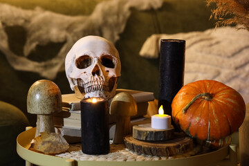 Poster - Coffee table decorated for Halloween celebration in living room