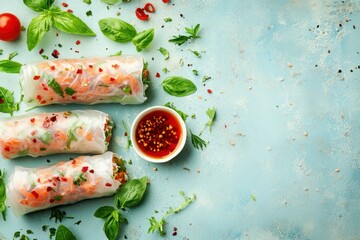 Poster - Vietnamese spring rolls made with rice paper fresh vegetables herbs and hot sauce on a light blue backdrop