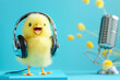 © Hunman - Cute crazy yellow fluffy chick podcast with headphones and classic microphone on stand on blue square background.