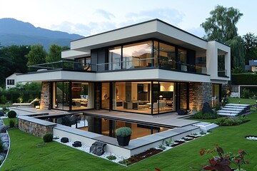 Wall Mural - Modern Luxury Home with Pool and Mountain Views