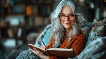 beautiful smiling elderly grey-haired woman holding notebook and pen, grandmother, writer, old lady, home background, pensioner, retired, elderly lifestyle, female portrait, wrinkles, business woman