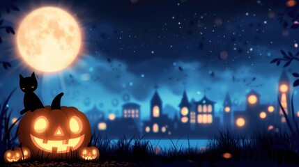 Wall Mural - Spooky Halloween Night - Carved Pumpkins and Blurred Blue Background with Fog for Greeting Cards and Banners