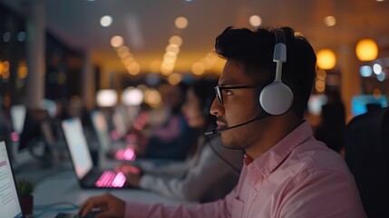 Wall Mural - Customer Service Agent Pointing to Laptop Display During Call with Colleagues in Background