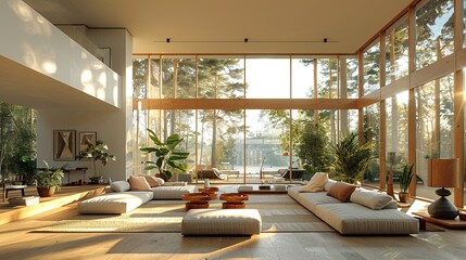 Modern Living Room with Floor-to-Ceiling Windows and a Breathtaking View