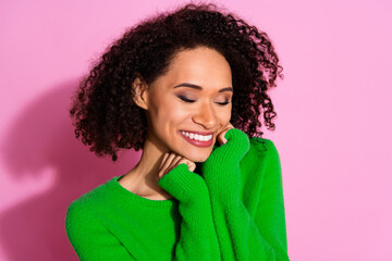 Wall Mural - Photo of charming lovely dreamy woman wear green stylish clothes enjoy comfort isolated on pink color background