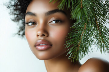 Wall Mural - Portrait of beautiful young Afro American woman with winter pine or spruce branch. Healthy clean fresh skin natural make up beauty eyes on white background