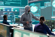 © DC Studio - Governmental hackers analyzing data for cyber threat detection, looking at a big screen in high tech office. Highlight cyber intelligence, online security and prevention of digital threats.