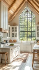 Wall Mural - sundrenched modern farmhouse kitchen with soaring ceilings expansive windows crisp white cabinetry and warm wood accents creating inviting ambiance