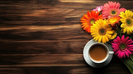 Wall Mural - Cozy CafÃ© Vibes - Wooden Table with Coffee Cup and Flowers