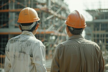 Two men in construction gear are standing in a construction site, generative ai image