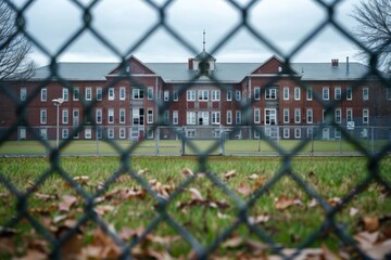 School building behind a metal fence