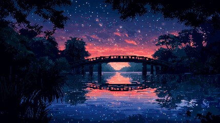 Poster - Pixelated Sunset Bridge Landscape with Water Reflection