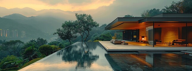 Wall Mural - Modern House with Infinity Pool Overlooking Mountains