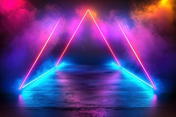 Wall Mural - Glowing Neon Lights Forming a Triangular Gateway with Smoke on a Concrete Floor