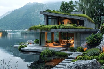 Wall Mural - Modern Lake House with Green Roof