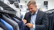 © LifeMedia - A distinguished mature man is shopping for suits in a high-end store, inspecting the fabric and quality of a suit jacket with a contented expression on his face.