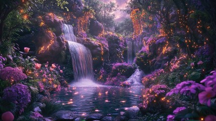 Colorful fairy land scene with glowing trees, magical waterfalls, and enchanted flowers, set in a realistic, dreamlike background