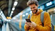 © LifeMedia - A young man with a rugged beard and yellow hoodie joyfully checks his phone while waiting on the subway platform, capturing a moment of happiness and connectivity in a bustling setting.