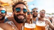 © LifeMedia - A group of friends taking a selfie at an outdoor festival, holding beer glasses and smiling, with colorful backgrounds and a sense of fun and enjoyment on a sunny day.