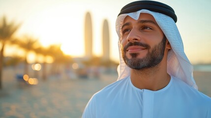 A man dressed in traditional white attire stands outdoors against the backdrop of a setting sun, with two distinctive buildings faintly visible in the distance.