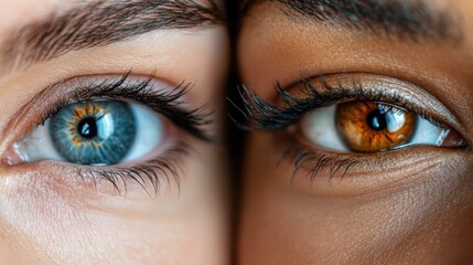 This image showcases a close-up view of two different colored eyes, one light blue and the other dark amber, emphasizing the natural beauty and diversity of human eyes.