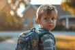 © Andrei - A handsome little boy goes to school. The sun is shining behind