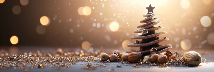 Festive wooden Christmas tree decoration with spiral design surrounded by ornaments and nuts on glittery surface, warm bokeh lights in background.