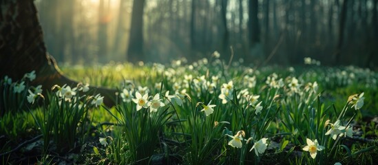 Fresh Grass And Narcissus Flowers Growing In The Forest At Spring