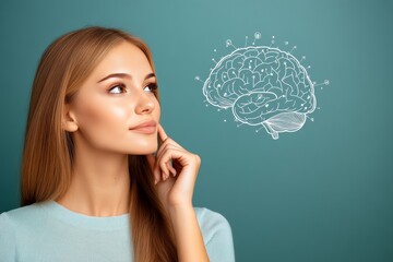 Poster - Neurogenesis cerebral connectivity neurogenomics neuron activation and cognitive enhancement thoughtful woman looking at a sketched brain concept with neural connections