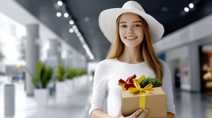 Smiling woman in a white outfit and hat holding a gift box with a yellow ribbon in a modern shopping mall.