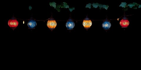 a serene night scene illuminated by a row of colorful paper lanterns.