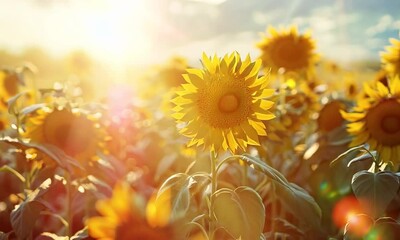 Canvas Print - Brilliant sunshine illuminating a field of sunflowers in full bloom, Video