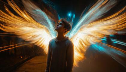 Young man with angel wings