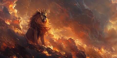 A majestic lion wearing a crown atop a hill in a fiery sky