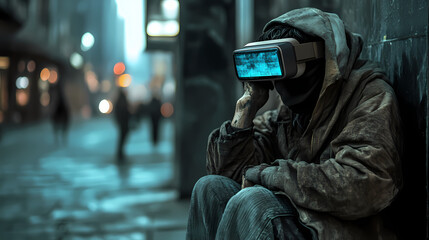 Editorial photo of a homeless individual wearing vr goggles on a city street, blending realism and technology. Realism. Illustration