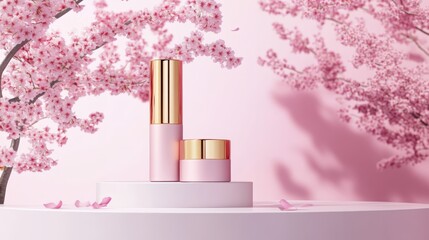 pink and gold cosmetic tube on white podium with sakura flowers on sakura tree background
