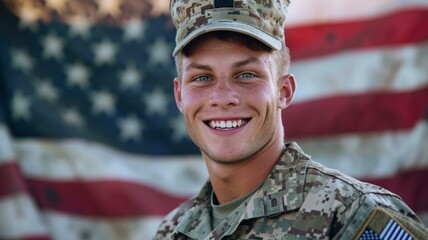 Wall Mural - Smiling young Caucasian male soldier in camo with blurred American flag background, portraying positivity and patriotism.