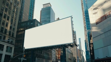 Poster - Blank white billboard on city buildings background at daytime front view Mockup advertising concept : Generative AI