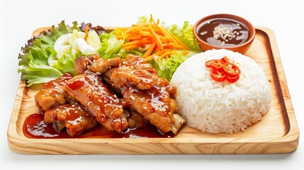 Sticker - stir fried fresh pork ribs fish chicken meat in sweet and sour ketchup tomato sauce with jasmine rice and lettuce on wood tray white background asian chef halal food restaurant banquet : Generative AI